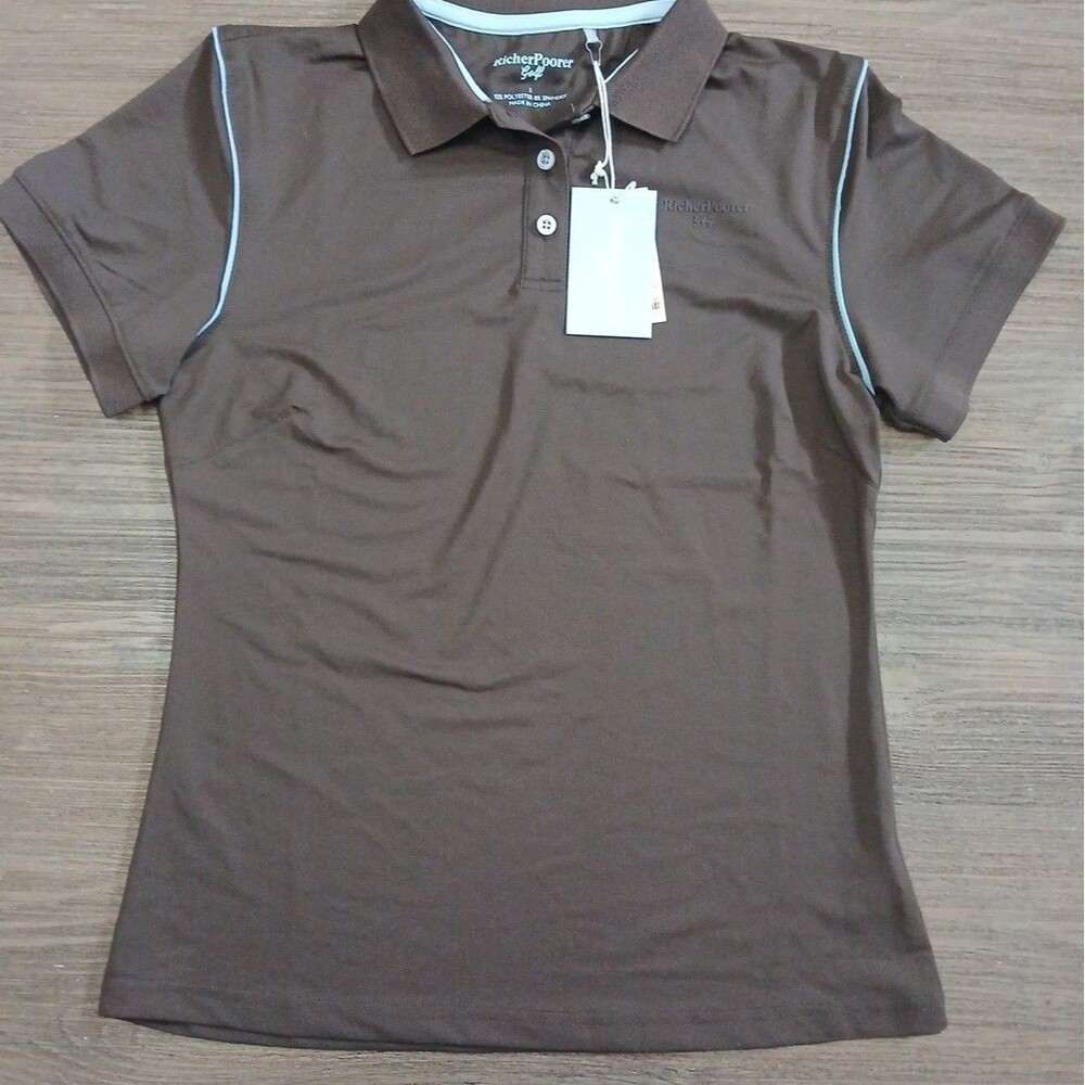 Richer Poorer Women's Piped Short Sleeve Polo Shirt - Brown/Blue S NWT